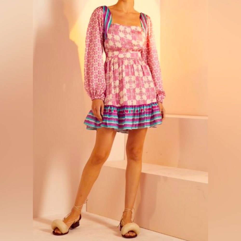 Skazi Pink Patterned & Blue Striped Mini Dress –Brazilian, Size G (Large) + Belt